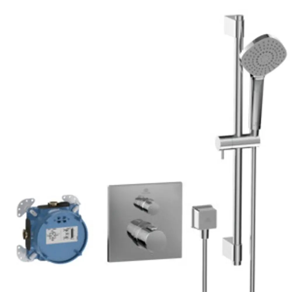 Armaturen-Set von Ideal Standard mit einer blauen Unterputz-Einheit, einem runden Duschkopf, einer Handbrause und einem quadratischen Bedienpanel in Chromoptik.